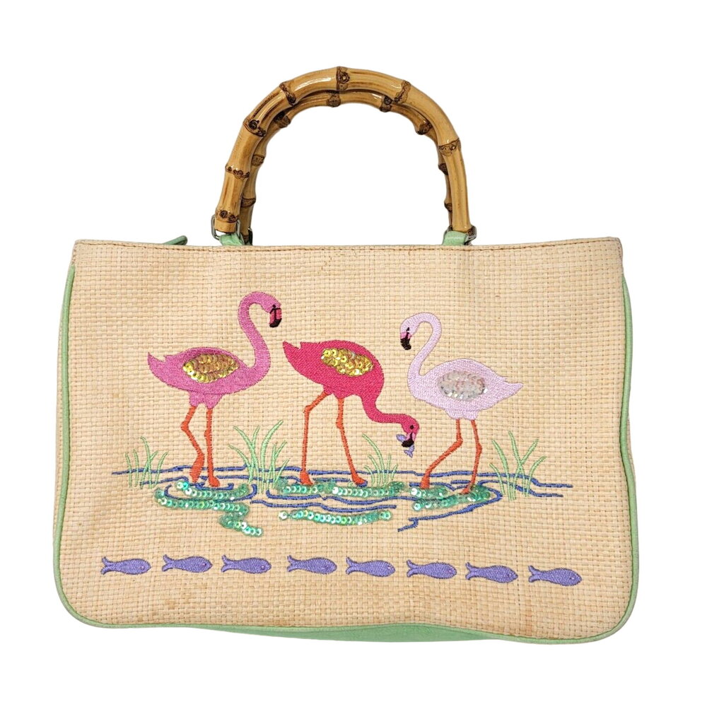 Straw Tote Bag with Pink Flamingo Embroidery